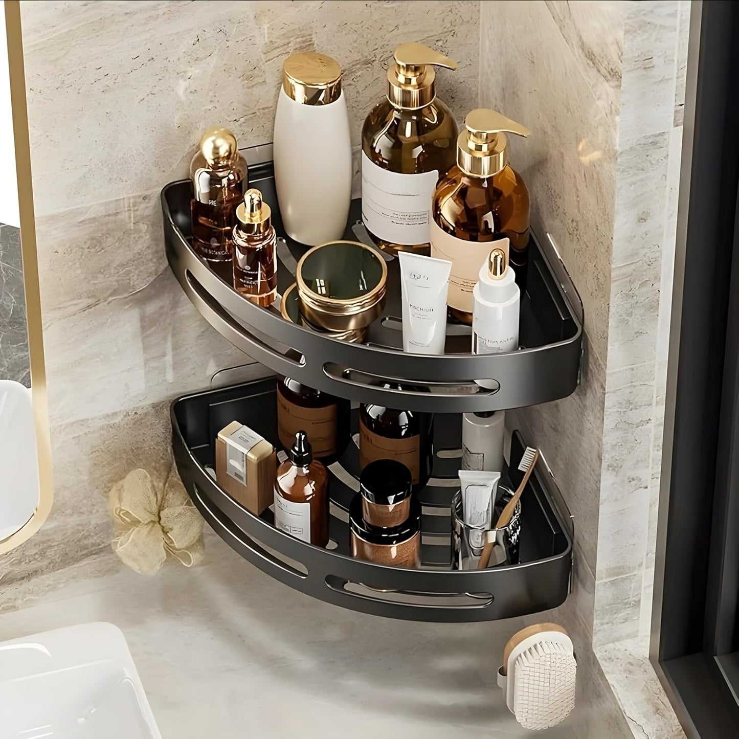 VMMPL SquareUp Bathroom Corner Shelf Wall Mount | Self-Adhesive No Drill Storage Rack | ABS Plastic Organizer for Bathroom & Kitchen | Black | Pack of 2