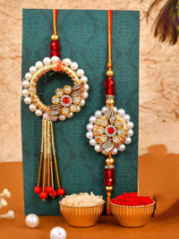 VMMPL Rakhi Gift Combo for Brother & Bhabhi – Set of 2 Kundan Rakhi with King Bhaiya & Queen Bhabhi Printed Mugs, Greeting Card – Rakshabandhan Special