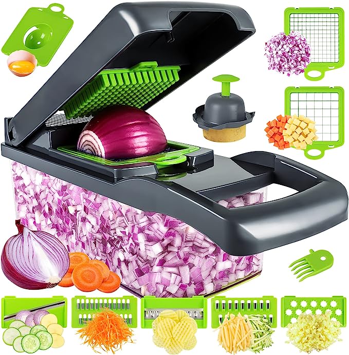 Vegetable Chopper, Pro Onion Chopper, Multifunctional 13 in 1 Food Chopper, Kitchen Vegetable Slicer Dicer Cutter,Veggie Chopper With 8 Blades,Carrot and Garlic Chopper With Container (Gray)