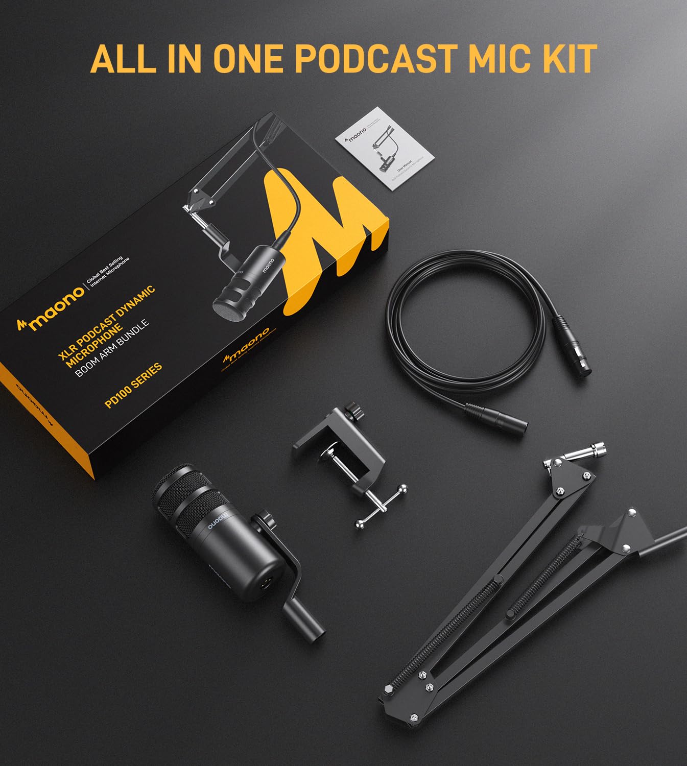 MAONO PD100S XLR Dynamic Microphone for Podcast | Cardioid Studio Microphone with Boom Arm, Voice Isolation Technology & Metal Body for Recording, Streaming, Voice Over & Home Studio