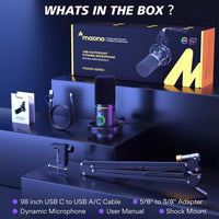 MAONO PD200XS XLR/USB Dynamic Microphone with RGB Lighting & Boom Arm | Professional Gaming, Podcast & Streaming Microphone