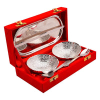 VMMPL Handicrafts World Silver Plated Brass Bowl Set with Capsule Tray and Royal Velvet Box – 5 Pcs Serveware Set (2 Bowls, 2 Spoons, 1 Tray) | Floral Pattern | 100 ML Capacity | Modern Round Design