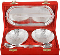 VMMPL Handicrafts World Silver Plated Brass Bowl Set with Capsule Tray and Royal Velvet Box – 5 Pcs Serveware Set (2 Bowls, 2 Spoons, 1 Tray) | Floral Pattern | 100 ML Capacity | Modern Round Design