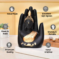 VMMPL Golden Handcrafted Palm Buddha Idol – Traditional Resin Buddha Hand Statue for Home Decor, Office, Mandir & Gifting (17x9x6 cm)