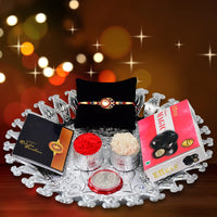VMMPL Periapt Rakhi Combo Gift Set (K1_303_CM32+DS) – Multicolor Diamond Rakhi Bracelet, Effete Chocolate Magic 32gm, Designer Pooja Thali with Silver Color Coin, Roli Chawal & Rakhi Greeting Card | Rakhi & Chocolate Gift for Brother