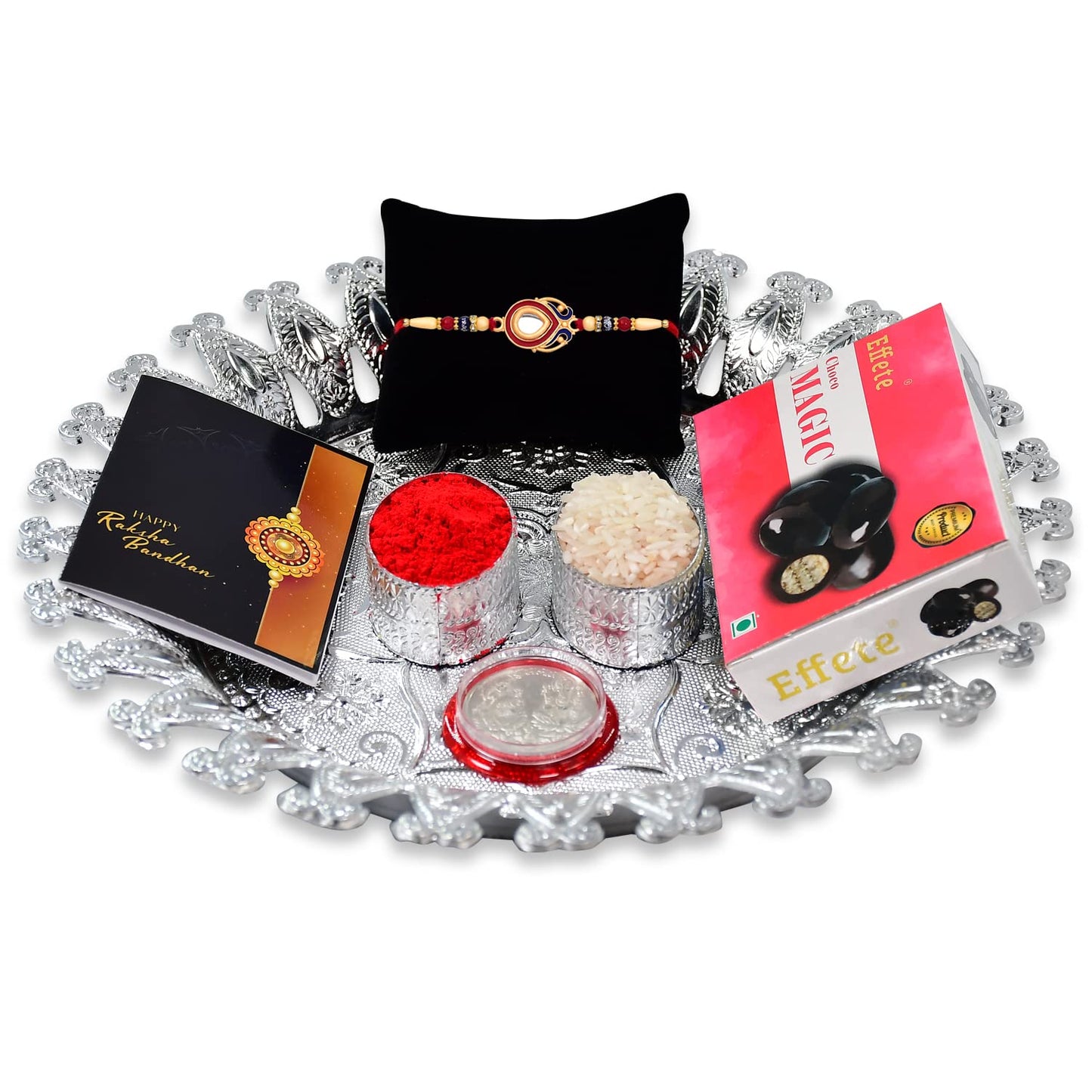 VMMPL Periapt Rakhi Combo Gift Set (K1_303_CM32+DS) – Multicolor Diamond Rakhi Bracelet, Effete Chocolate Magic 32gm, Designer Pooja Thali with Silver Color Coin, Roli Chawal & Rakhi Greeting Card | Rakhi & Chocolate Gift for Brother