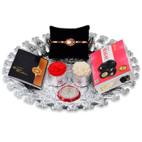 VMMPL Periapt Rakhi Combo Gift Set (K1_303_CM32+DS) – Multicolor Diamond Rakhi Bracelet, Effete Chocolate Magic 32gm, Designer Pooja Thali with Silver Color Coin, Roli Chawal & Rakhi Greeting Card | Rakhi & Chocolate Gift for Brother