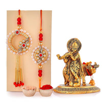 VMMPL- Premium Bhaiya Bhabhi Rakhi Set with Krishna Idol | Handmade Metal Idol, Kundan & Lumba Rakhi, Tilak Set & Greeting Card | Raksha Bandhan Gift Combo