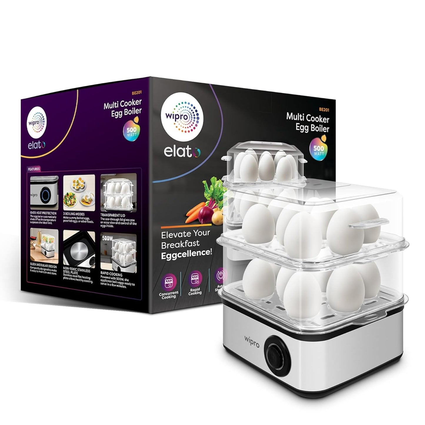 Wipro Elato BE201 4in1 Multicooker 500 Watt - Boils up to 16 Eggs, Steam Rice, Poach Eggs, Cook Vegetables - 3 Boiling Modes, Concurrent Cooking - 1 Year Warranty