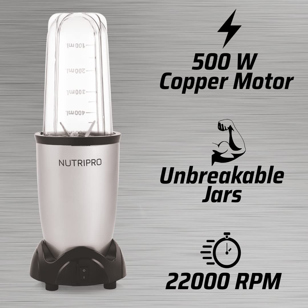 NutriPro 500W Juicer Mixer Grinder | Smoothie Maker with 2 Jars & Stainless Steel Blade | Powerful Motor | Silver | Dishwasher Safe | 1-Year Warranty