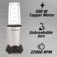 NutriPro 500W Juicer Mixer Grinder | Smoothie Maker with 2 Jars & Stainless Steel Blade | Powerful Motor | Silver | Dishwasher Safe | 1-Year Warranty