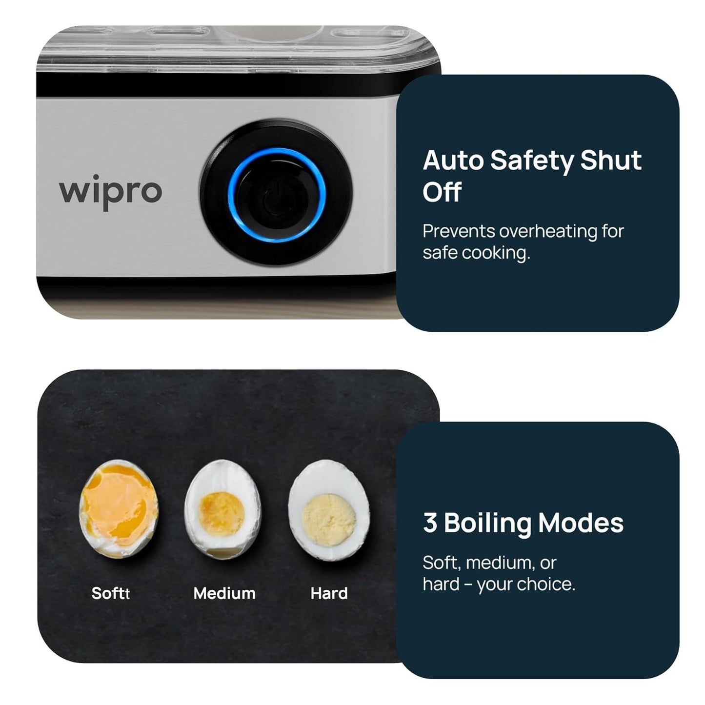Wipro Elato BE201 4in1 Multicooker 500 Watt - Boils up to 16 Eggs, Steam Rice, Poach Eggs, Cook Vegetables - 3 Boiling Modes, Concurrent Cooking - 1 Year Warranty