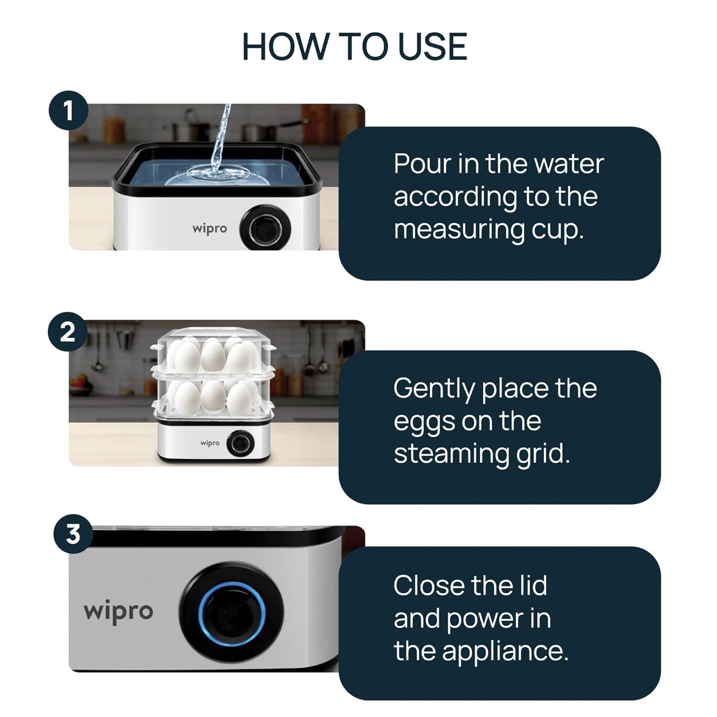 Wipro Elato BE201 4in1 Multicooker 500 Watt - Boils up to 16 Eggs, Steam Rice, Poach Eggs, Cook Vegetables - 3 Boiling Modes, Concurrent Cooking - 1 Year Warranty