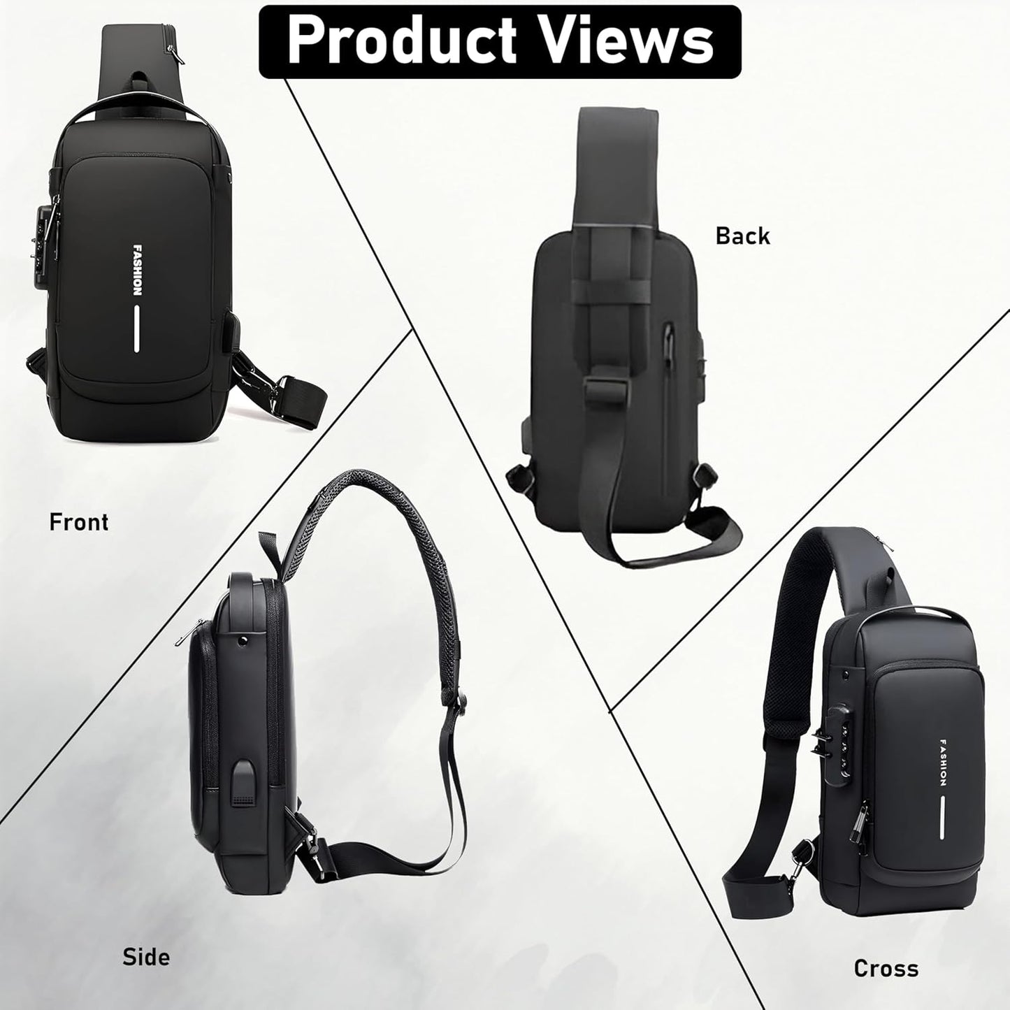 VMMPL Sling Bag for Men | Stylish Crossbody Chest Bag with USB Charging Port | Anti-Theft Shoulder Backpack for Men & Women | Travel Messenger Bag (Black – 17 x 9 x 32 cm)