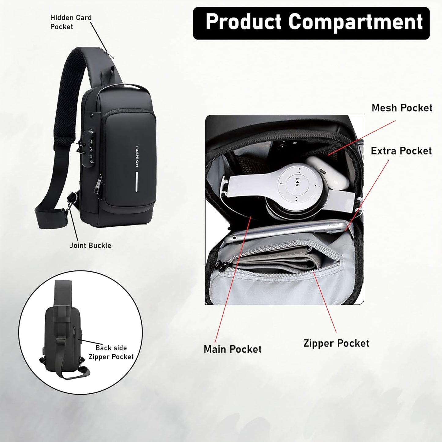 VMMPL Sling Bag for Men | Stylish Crossbody Chest Bag with USB Charging Port | Anti-Theft Shoulder Backpack for Men & Women | Travel Messenger Bag (Black – 17 x 9 x 32 cm)