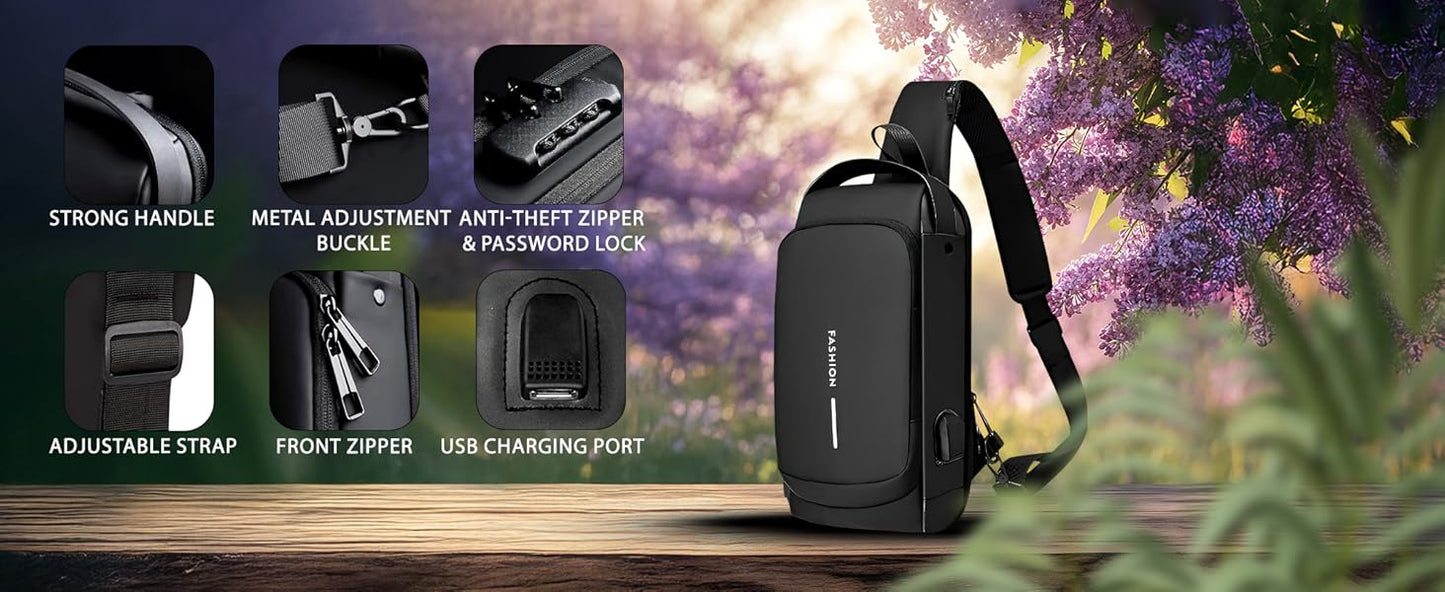 VMMPL Sling Bag for Men | Stylish Crossbody Chest Bag with USB Charging Port | Anti-Theft Shoulder Backpack for Men & Women | Travel Messenger Bag (Black – 17 x 9 x 32 cm)