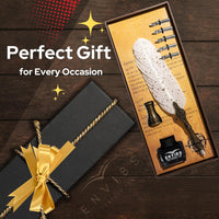 VMMPL Feather Pen Set with Ink Bottle and Pen Stand – Antique Calligraphy Writing Quill Dip Pen, 5 Replacement Nibs, Vintage Luxury Gift Set (White)