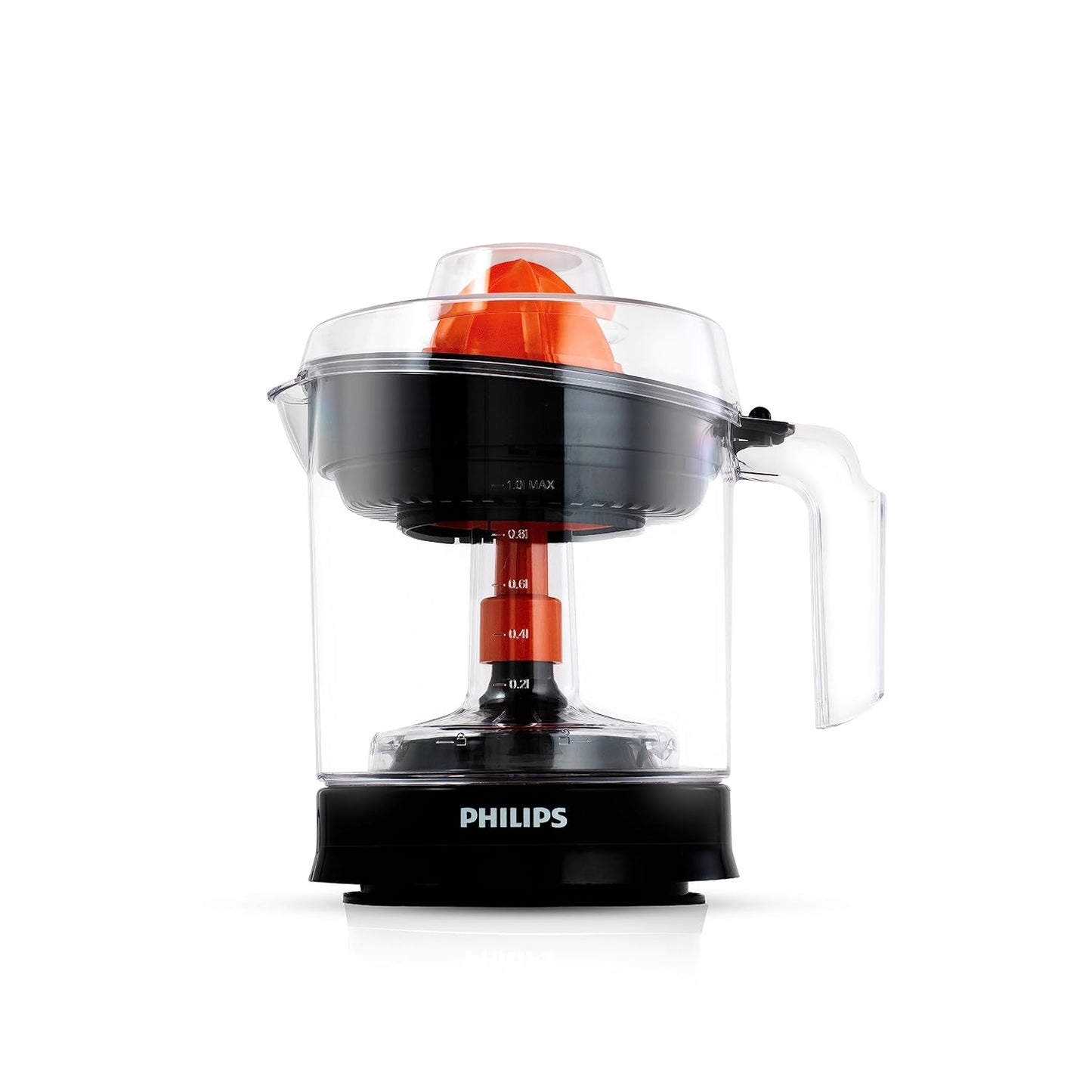 Philips HR2799/00 Citrus Press Juicer | 1 Litre | Two-Way Rotation | Matte Black & Transparent | 25W Portable Citrus Juicer for Home Use