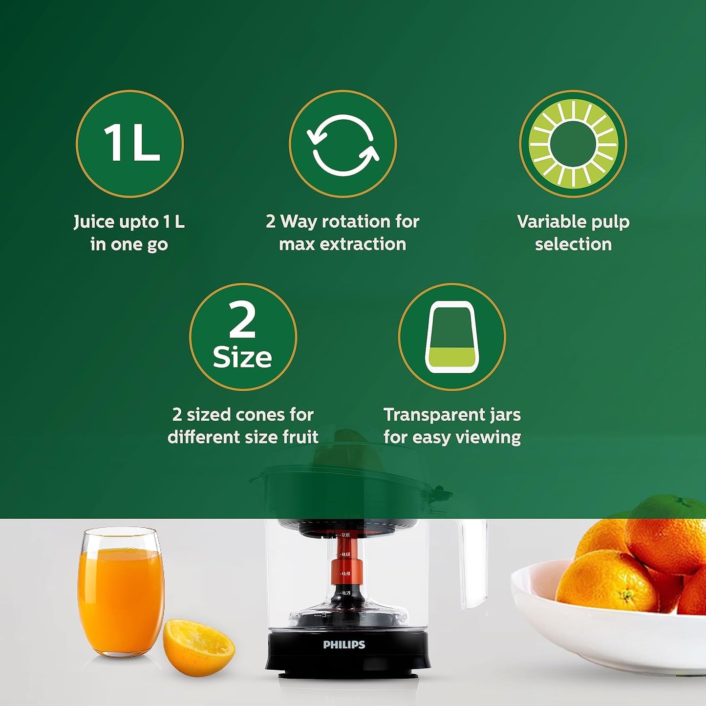 Philips HR2799/00 Citrus Press Juicer | 1 Litre | Two-Way Rotation | Matte Black & Transparent | 25W Portable Citrus Juicer for Home Use