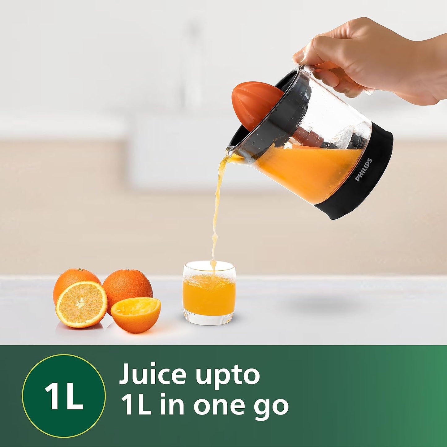 Philips HR2799/00 Citrus Press Juicer | 1 Litre | Two-Way Rotation | Matte Black & Transparent | 25W Portable Citrus Juicer for Home Use