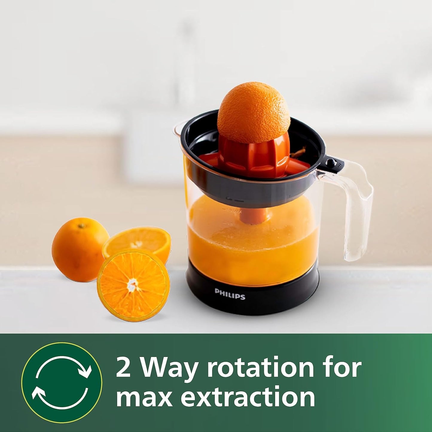 Philips HR2799/00 Citrus Press Juicer | 1 Litre | Two-Way Rotation | Matte Black & Transparent | 25W Portable Citrus Juicer for Home Use