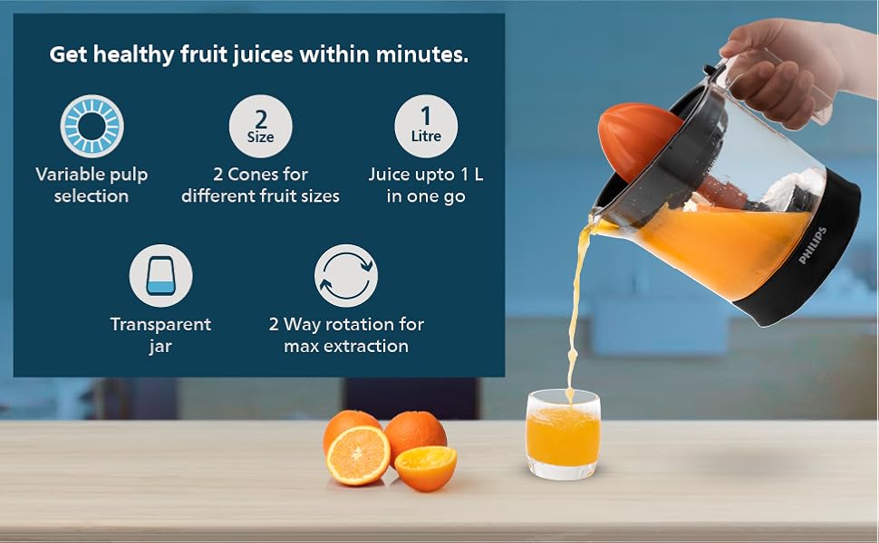 Philips HR2799/00 Citrus Press Juicer | 1 Litre | Two-Way Rotation | Matte Black & Transparent | 25W Portable Citrus Juicer for Home Use