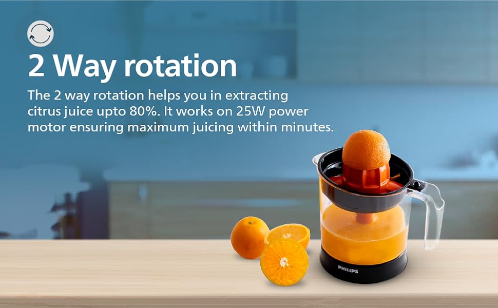 Philips HR2799/00 Citrus Press Juicer | 1 Litre | Two-Way Rotation | Matte Black & Transparent | 25W Portable Citrus Juicer for Home Use