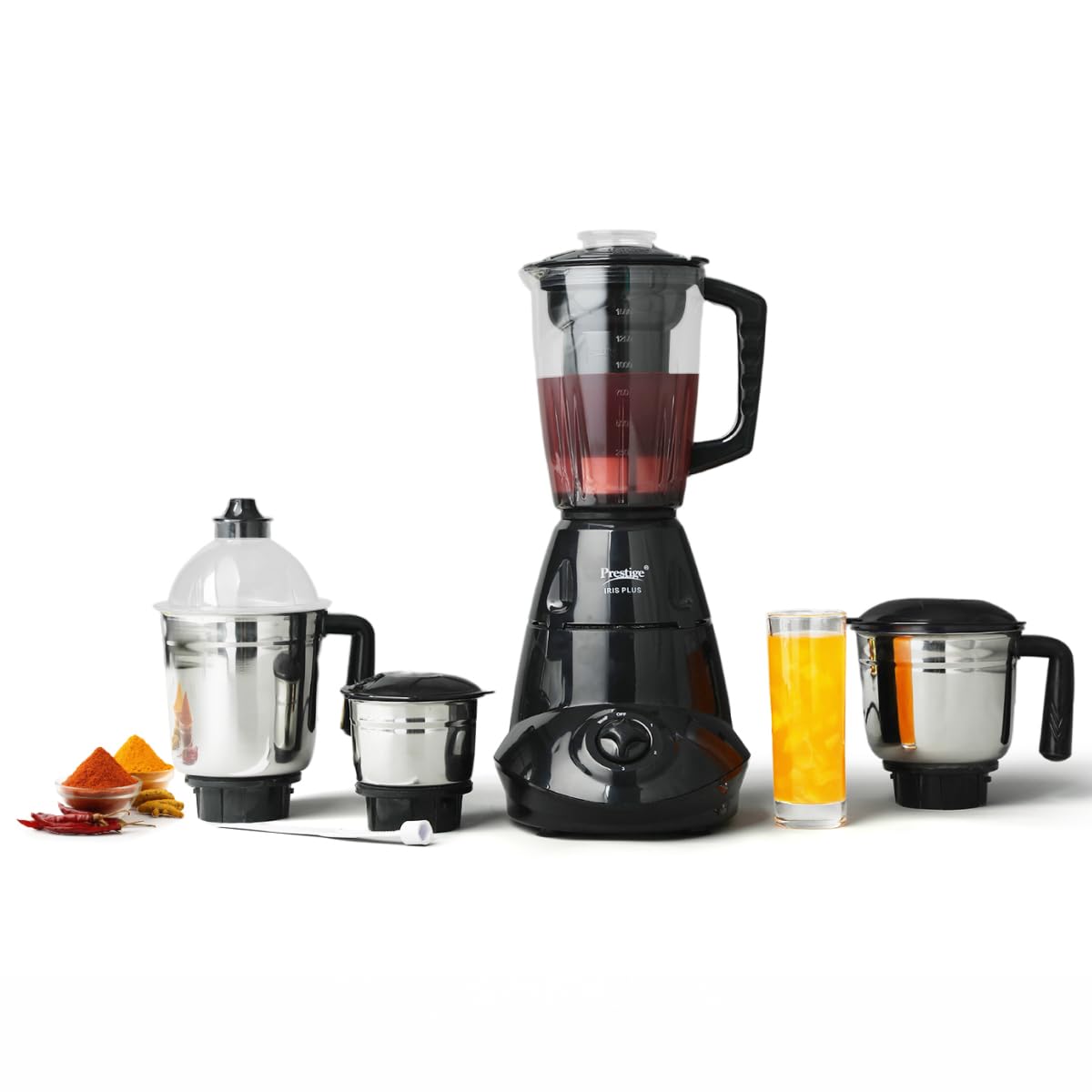 Prestige Iris 750 Watt Mixer Grinder | 4 Jars - 3 Stainless Steel Jars + 1 Juicer Jar | 3 Speed Control | Ergonomic Handle | Black | 750W Powerful Motor | 2-Year Warranty