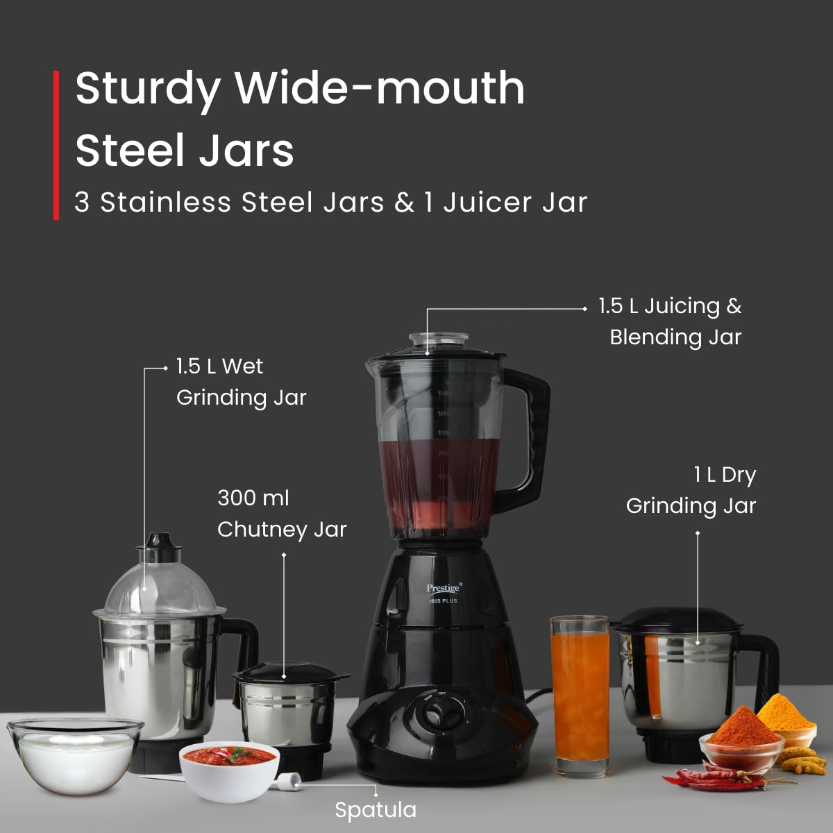 Prestige Iris 750 Watt Mixer Grinder | 4 Jars - 3 Stainless Steel Jars + 1 Juicer Jar | 3 Speed Control | Ergonomic Handle | Black | 750W Powerful Motor | 2-Year Warranty
