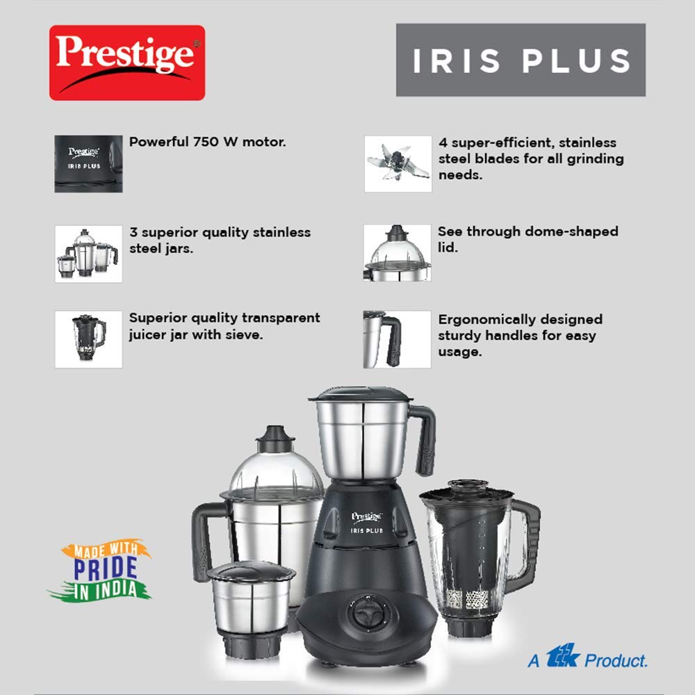 Prestige Iris 750 Watt Mixer Grinder | 4 Jars - 3 Stainless Steel Jars + 1 Juicer Jar | 3 Speed Control | Ergonomic Handle | Black | 750W Powerful Motor | 2-Year Warranty