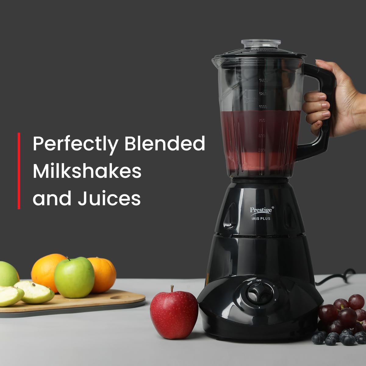 Prestige Iris 750 Watt Mixer Grinder | 4 Jars - 3 Stainless Steel Jars + 1 Juicer Jar | 3 Speed Control | Ergonomic Handle | Black | 750W Powerful Motor | 2-Year Warranty