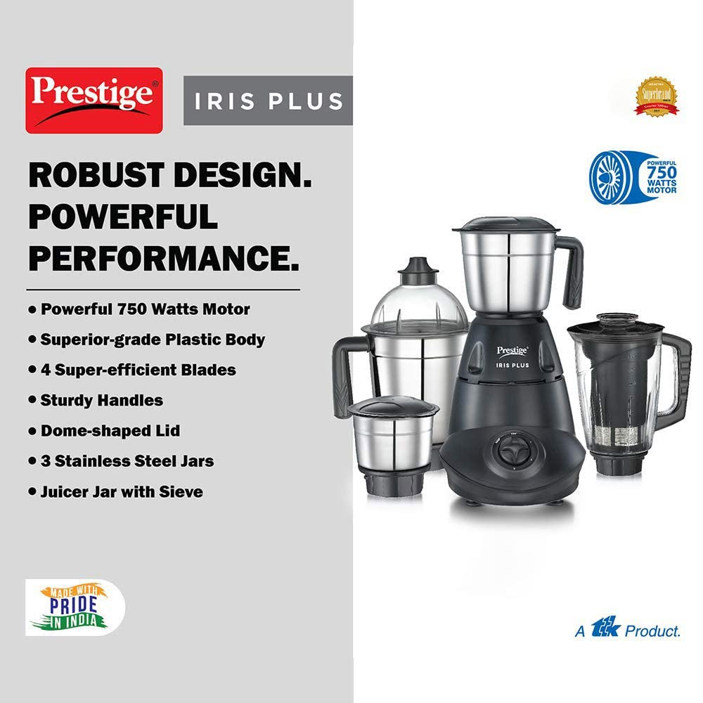 Prestige Iris 750 Watt Mixer Grinder | 4 Jars - 3 Stainless Steel Jars + 1 Juicer Jar | 3 Speed Control | Ergonomic Handle | Black | 750W Powerful Motor | 2-Year Warranty