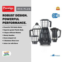 Prestige Iris 750 Watt Mixer Grinder | 4 Jars - 3 Stainless Steel Jars + 1 Juicer Jar | 3 Speed Control | Ergonomic Handle | Black | 750W Powerful Motor | 2-Year Warranty