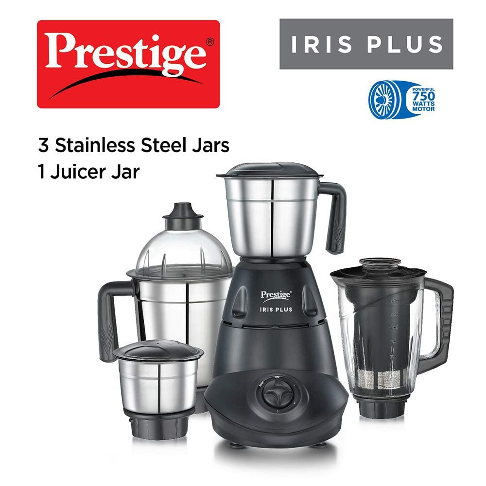 Prestige Iris 750 Watt Mixer Grinder | 4 Jars - 3 Stainless Steel Jars + 1 Juicer Jar | 3 Speed Control | Ergonomic Handle | Black | 750W Powerful Motor | 2-Year Warranty