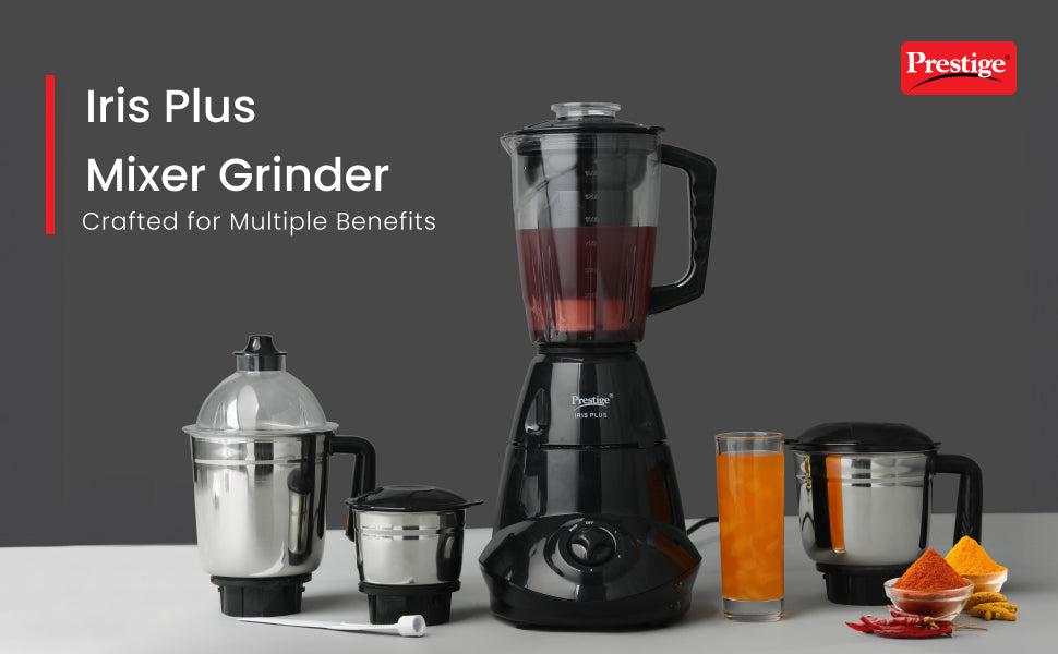 Prestige Iris 750 Watt Mixer Grinder | 4 Jars - 3 Stainless Steel Jars + 1 Juicer Jar | 3 Speed Control | Ergonomic Handle | Black | 750W Powerful Motor | 2-Year Warranty