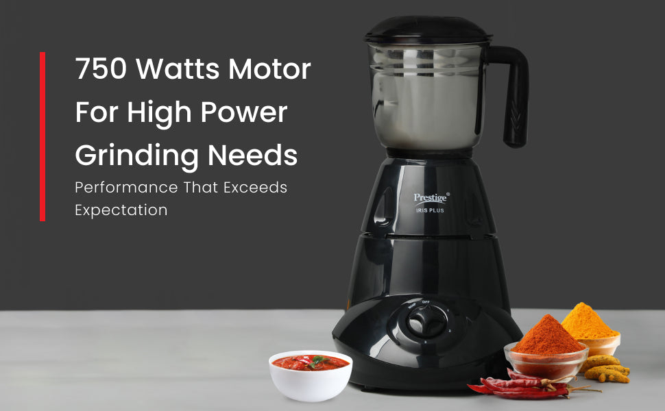 Prestige Iris 750 Watt Mixer Grinder | 4 Jars - 3 Stainless Steel Jars + 1 Juicer Jar | 3 Speed Control | Ergonomic Handle | Black | 750W Powerful Motor | 2-Year Warranty