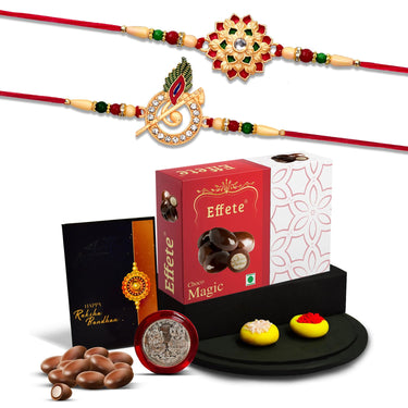 VMMPL DeoDap Rakhi with Chocolate Gift Combo for Brother – Set of 2 Multicolored Beads Rakhis with Choco Magic (32g), Silver Pooja Coin & Greeting Card | Traditional Raksha Bandhan Gift Pack
