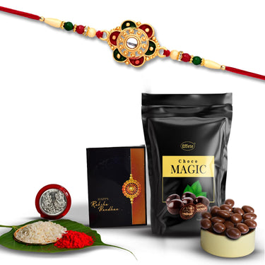 VMMPL Rakhi Combo Set for Brother – Includes 1 Designer Rakhi, Silver Pooja Coin, Greeting Card, Tilak Set & Assorted Chocolates | Vegetarian Gift Pack (K1_531_SP)