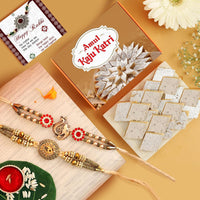 VMMPL TIED RIBBONS Rakhi Combo Gift for Brother – Set of 2 Premium Handmade Rakhis with 200g Kaju Katli, Mini Greeting Card & Roli Chawal | Vegetarian Festive Rakhi Gift Pack | Use By: 02 Oct 2025