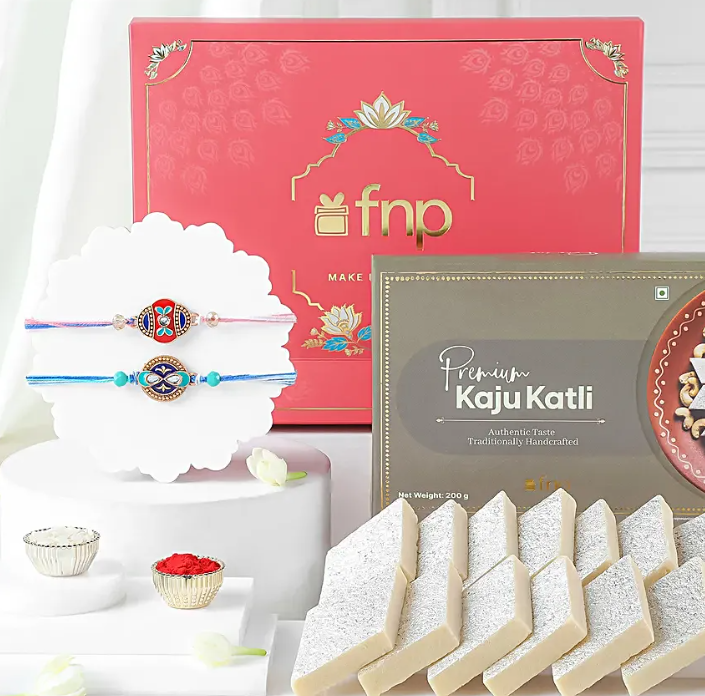 Cultural Charm Ethnic Rakhi Set of 2 with Premium Kesar Kaju Katli (200g) | Includes Roli Chawal | Festive Gift Hamper for Raksha Bandhan