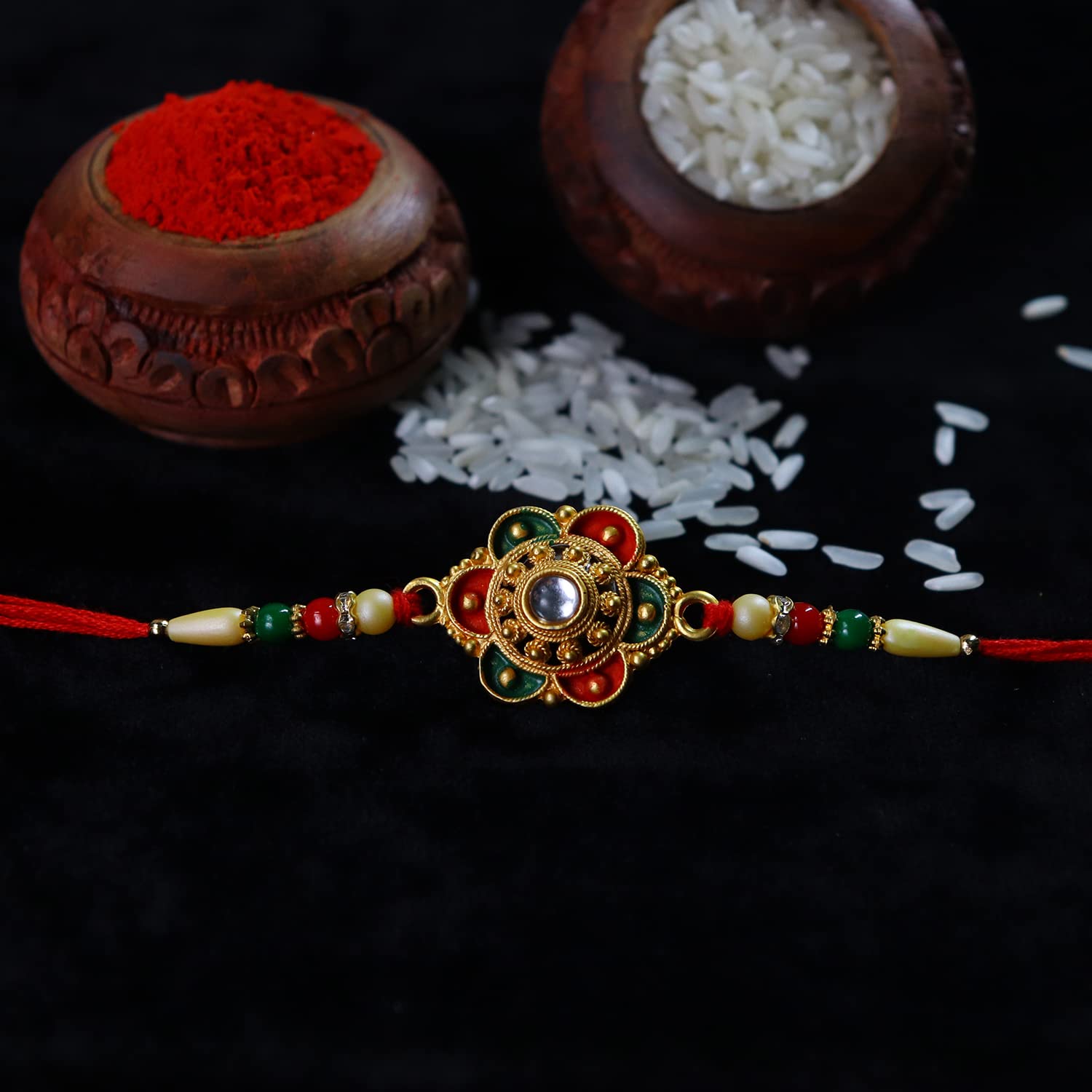 VMMPL Rakhi Combo Set for Brother – Includes 1 Designer Rakhi, Silver Pooja Coin, Greeting Card, Tilak Set & Assorted Chocolates | Vegetarian Gift Pack (K1_531_SP)