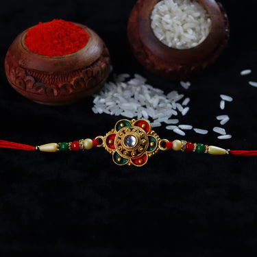 VMMPL Rakhi Combo Set for Brother – Includes 1 Designer Rakhi, Silver Pooja Coin, Greeting Card, Tilak Set & Assorted Chocolates | Vegetarian Gift Pack (K1_531_SP)