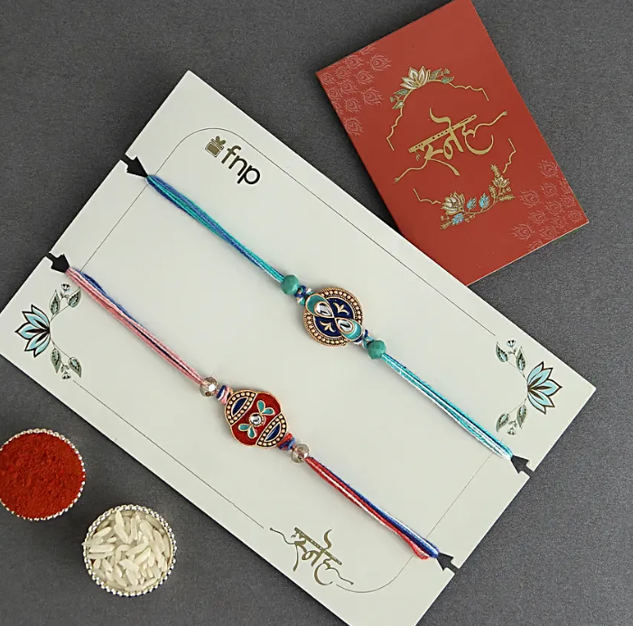 Cultural Charm Ethnic Rakhi Set of 2 with Premium Kesar Kaju Katli (200g) | Includes Roli Chawal | Festive Gift Hamper for Raksha Bandhan
