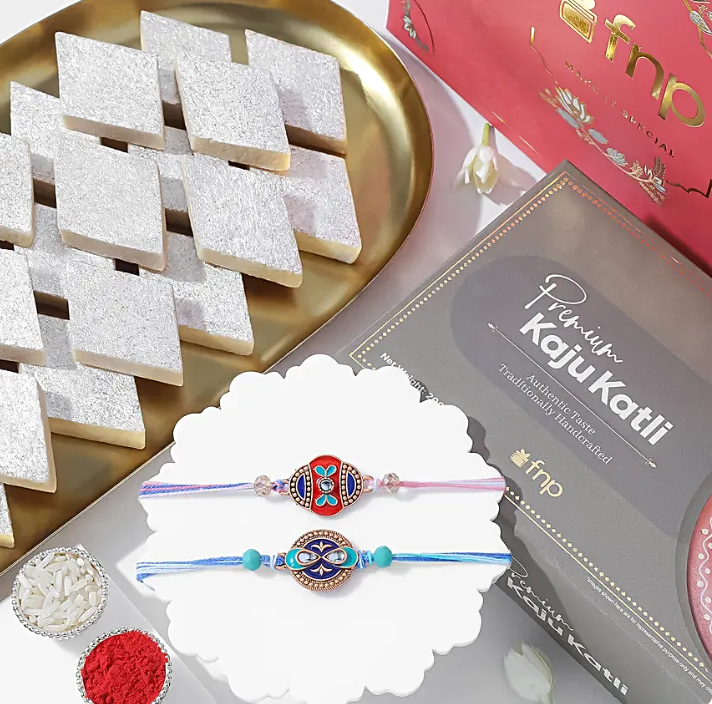Cultural Charm Ethnic Rakhi Set of 2 with Premium Kesar Kaju Katli (200g) | Includes Roli Chawal | Festive Gift Hamper for Raksha Bandhan