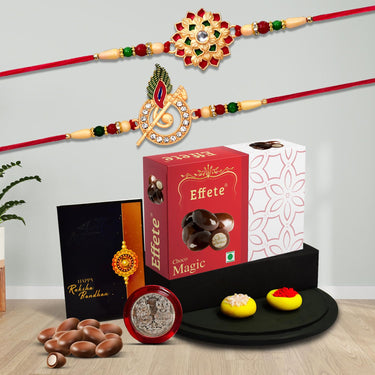 VMMPL DeoDap Rakhi with Chocolate Gift Combo for Brother – Set of 2 Multicolored Beads Rakhis with Choco Magic (32g), Silver Pooja Coin & Greeting Card | Traditional Raksha Bandhan Gift Pack