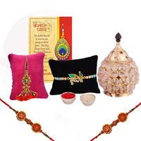 Collectible India Rakhi Gift for Brother Combo Set - Rakhi for Brother - Rakhi for Rakshabandhan Diya Gifts for Bhaiya Bhabhi- Akhand Crystal Diya Oil Lamp,Krishna Rakhi, Rudraksh Rakhi, Lumba Rakhi