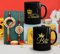 VMMPL Rakhi Gift Combo for Brother & Bhabhi – Set of 2 Kundan Rakhi with King Bhaiya & Queen Bhabhi Printed Mugs, Greeting Card – Rakshabandhan Special