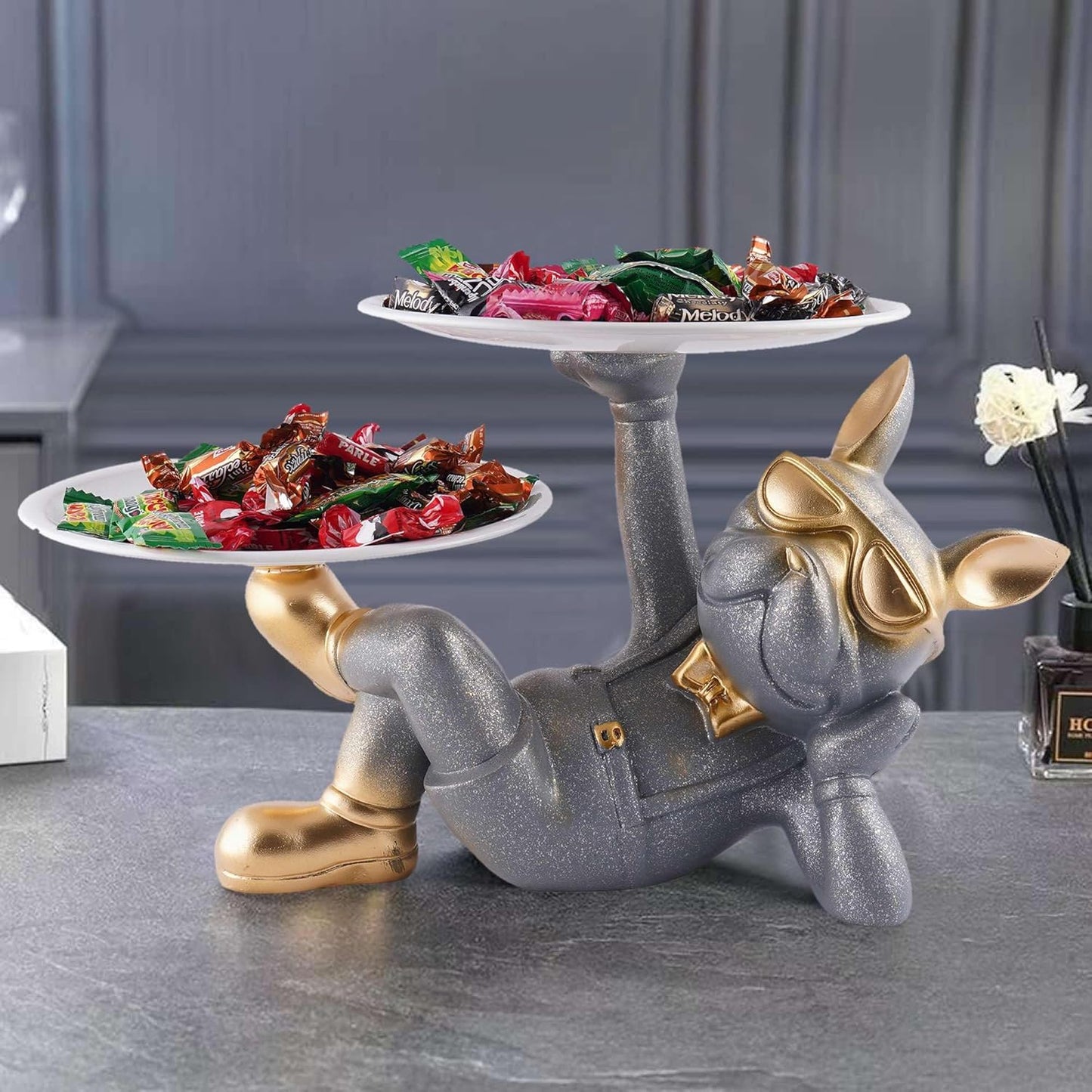 VMMPL New Modern Choice Cool Dog Decorative Resin Tray – Grey | Multipurpose Dog Showpiece Tray with Handle for Kitchen, Bedroom, Office, Tabletop & Dining Decor | Resin Art Deco Tray for Gifts & Storage
