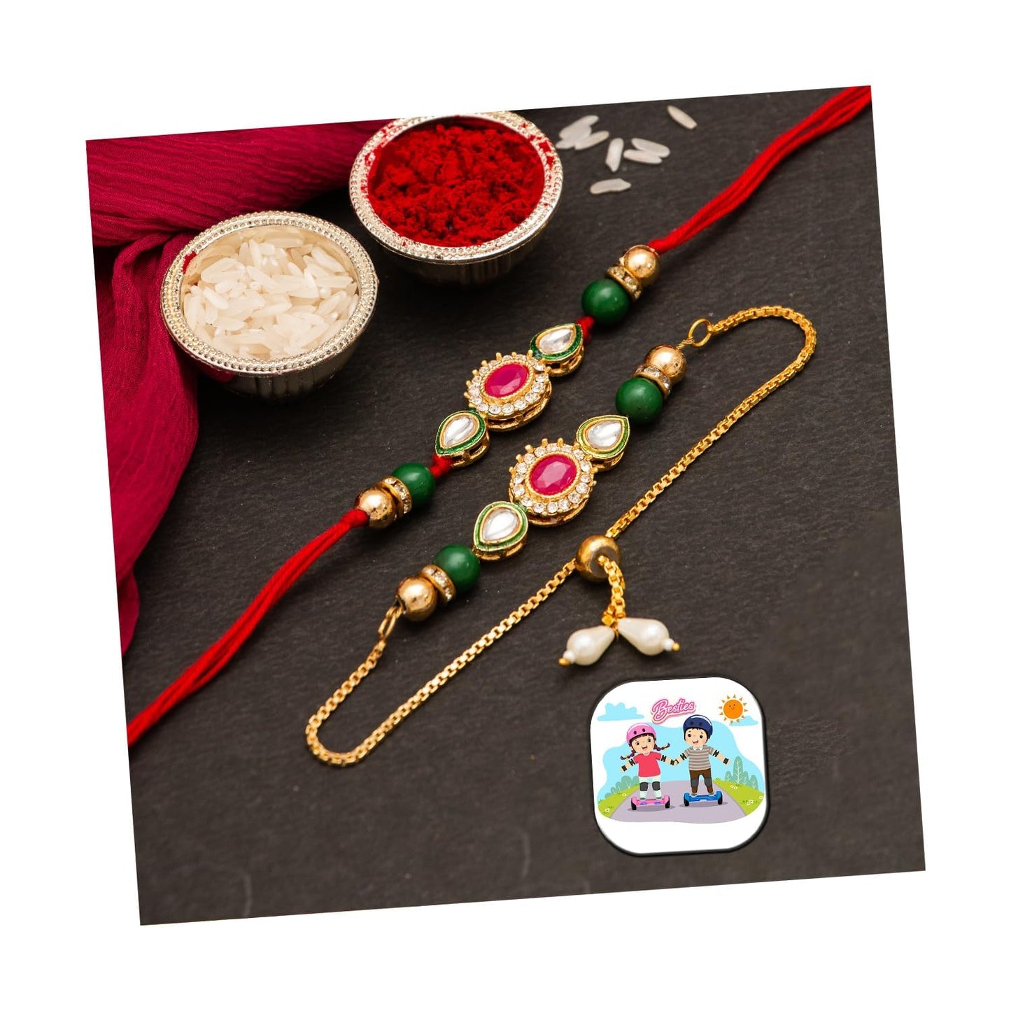 VMMPL Premium Floral Rakhi Set with Fridge Magnet & Greeting Card | Handmade Cotton Rakhi Bracelet for Brother | Raksha Bandhan Gift Combo | Multicolor | Traditional Style