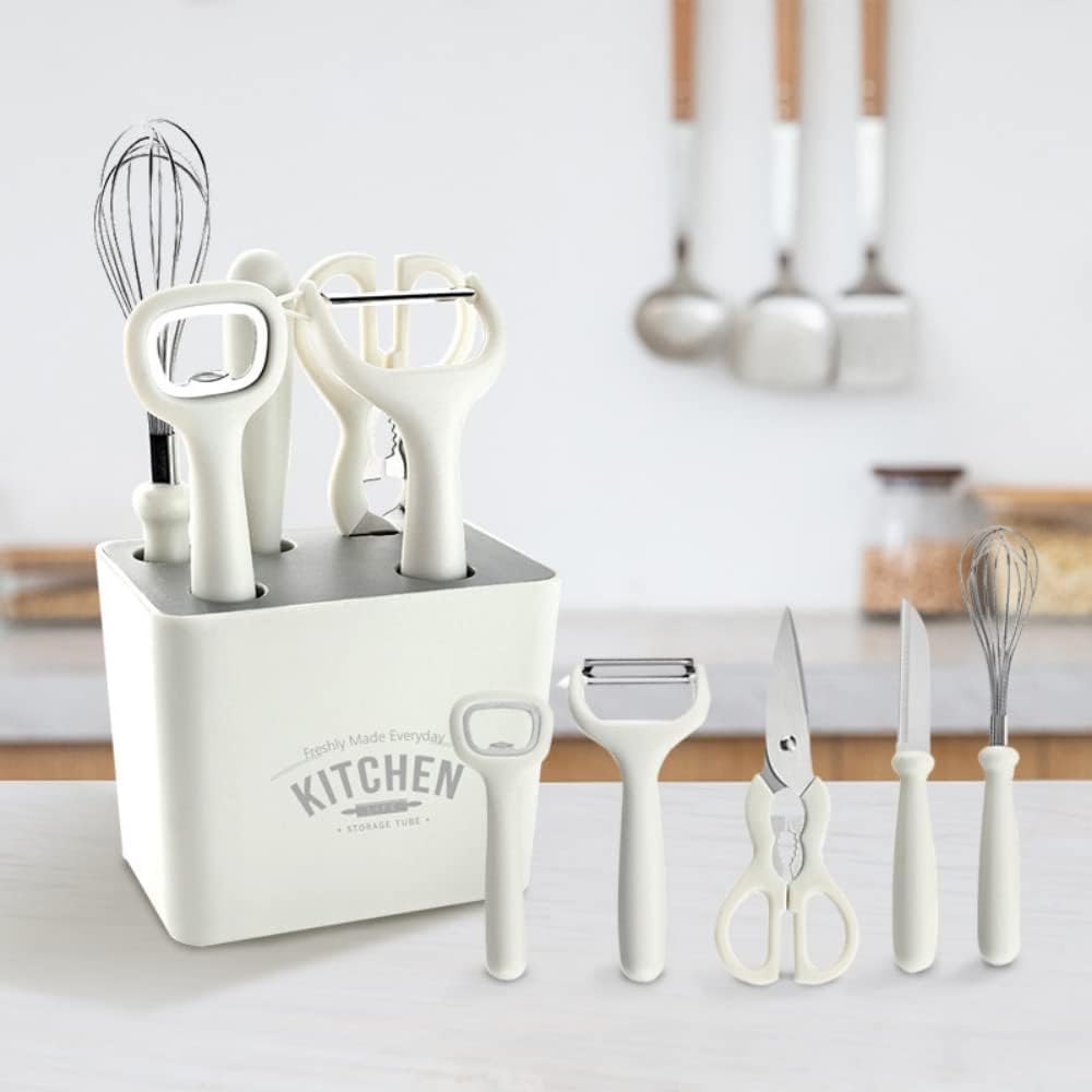 6-Piece Stainless Steel Kitchen Gadgets Set with Holder | Kitchen Scissors, Paring Knife, Whisk, Peeler & Bottle Opener | Anti-Slip Handle | Decorative White Base
